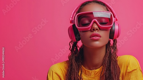 Young woman in vibrant yellow outfit enjoying music with oversized pink headphones against a bright pink background