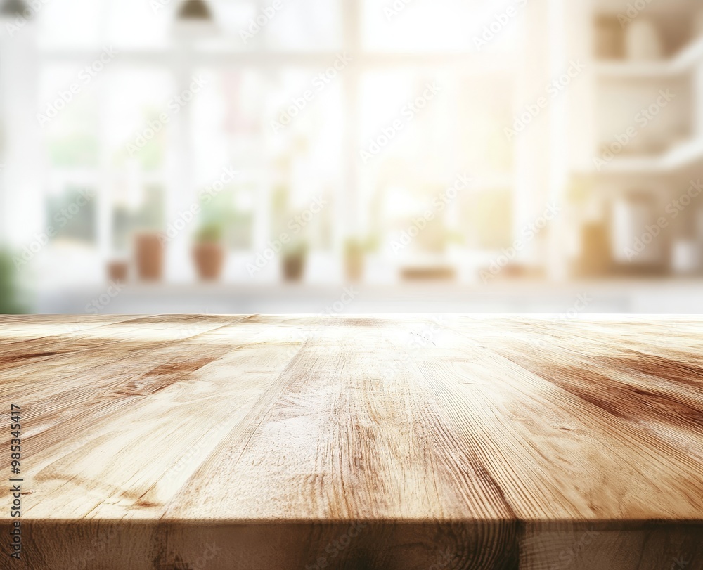 Wooden tabletop with blurred background of modern home interior with bright sunlight. Wooden tabletop with blurred background of modern home interior with bright sunlight.