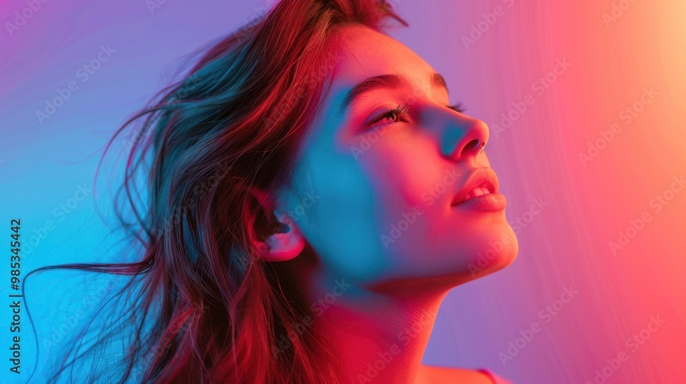 Beautiful young woman smiling on gradient background in neon light AI generated image Beautiful young woman smiling on gradient background in neon light AI generated image
