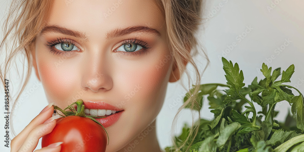 Beautiful young woman with fresh vegetables and tomatoes, generative AI Beautiful young woman with fresh vegetables and tomatoes, generative AI