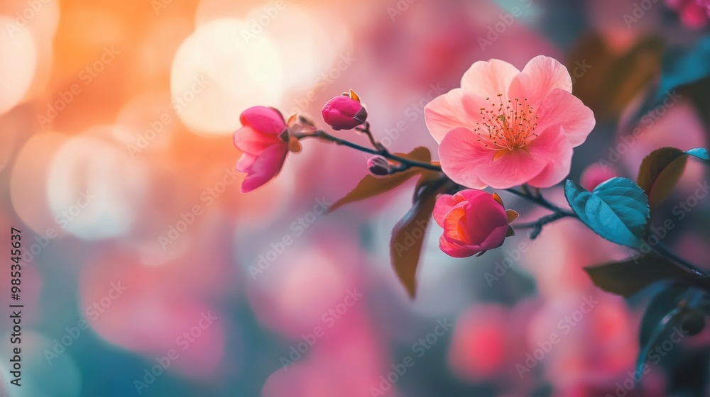 Pink blossoms on a branch with a soft, dreamy background of colorful bokeh. Pink blossoms on a branch with a soft, dreamy background of colorful bokeh.