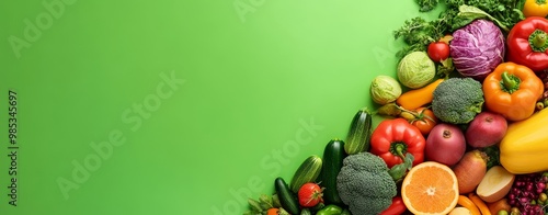Fresh colorful vegetables and fruits on green background with copy space.