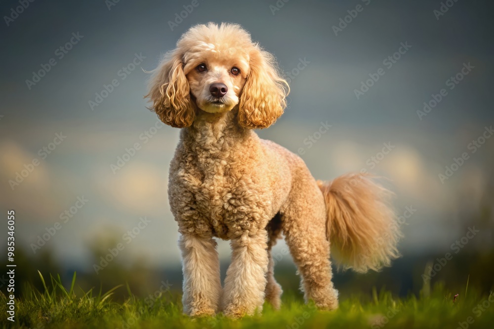 Curly-haired French poodle dog standing upright with a dignified expression Curly-haired French poodle dog standing upright with a dignified expression