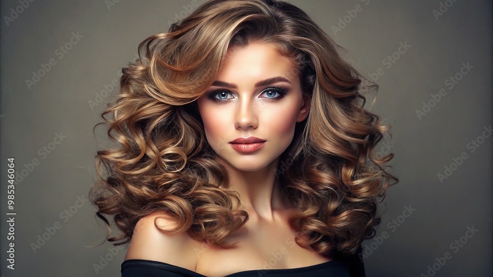 Fototapeta premium Curly-haired woman with effortless, shoulder-length layers and subtle volume, framing her face in soft, romantic curls.
