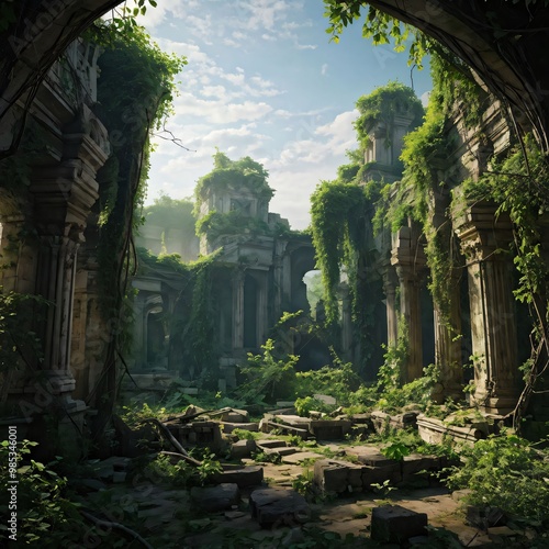 Ancient ruins or structures overgrown with vines and surrounded by trees