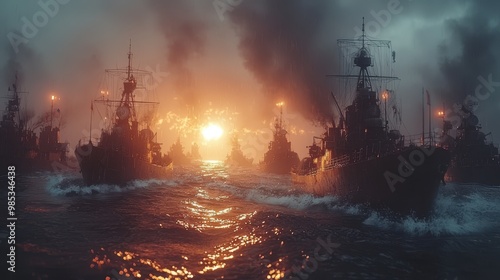 Naval fleet navigating through fiery waters at sunset during a dramatic naval confrontation