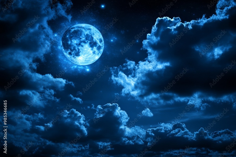 Fototapeta premium A full moon shines brightly in a night sky filled with fluffy clouds and twinkling stars.