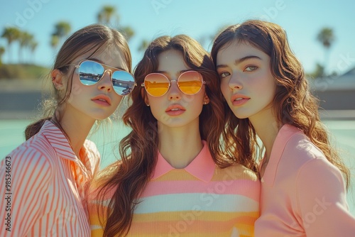 Cheerful Friends in Matching Striped Outfits Enjoying a Vibrant Day of Fun and Laughter Outdoors