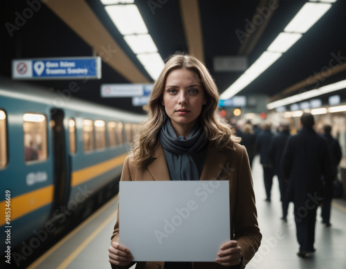 Mujer sosteniendo cartel blanco en una estación de tren concurrida photo