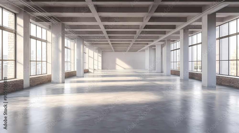 A large empty modern office with high ceilings and concrete floors. High Fashion. Illustration