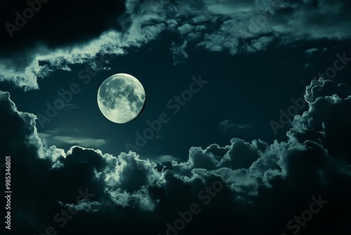 A full moon peeks out from behind dark, moody clouds in the night sky.