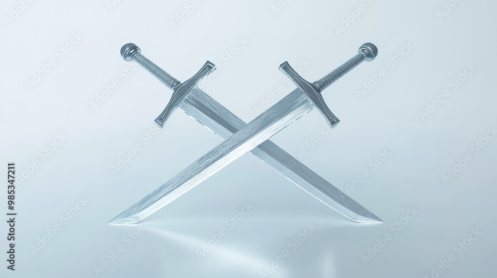 Isometric 3D rendering of two crossed swords with frosted glass texture on a glossy base, showcasing a translucent and sleek design. The image highlights modern technology aesthetics with clean lines, Isometric 3D rendering of two crossed swords with frosted glass texture on a glossy base, showcasing a translucent and sleek design. The image highlights modern technology aesthetics with clean lines,