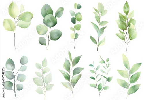 Watercolor set of green leaves with branches, hand drawn illustrations of floral elements, botanical drawing, isolated on white background.