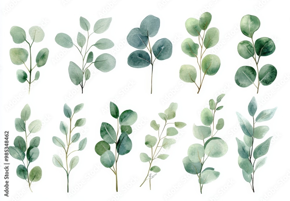 Obraz premium Watercolor illustration of twelve green eucalyptus leaves isolated on white background.