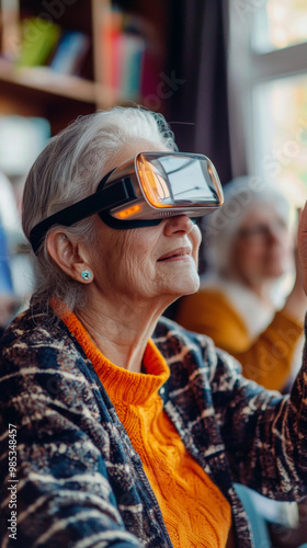 A woman wearing a VR headset is smiling