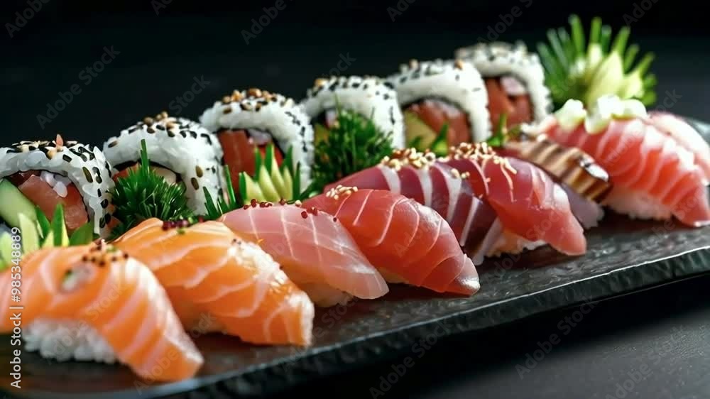 Sushi Rolls with Salmon, Tuna, and Avocado - Close Up View of Fresh Seafood on Black Plate with Garnish Sushi Rolls with Salmon, Tuna, and Avocado - Close Up View of Fresh Seafood on Black Plate with Garnish