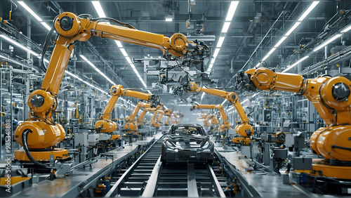 Car Factory 3D Concept Automated Robot Arm Assembly Line Manufacturing High Tech Green Energy Electric Vehicles