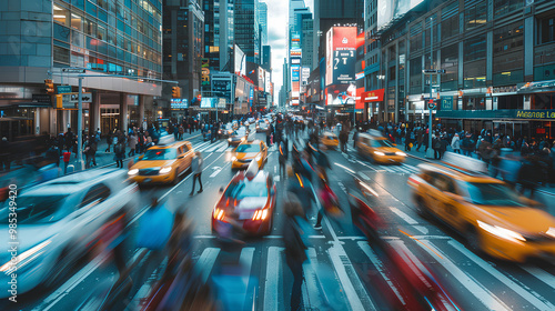 A busy city street with pedestrians and cars during rush hour photo