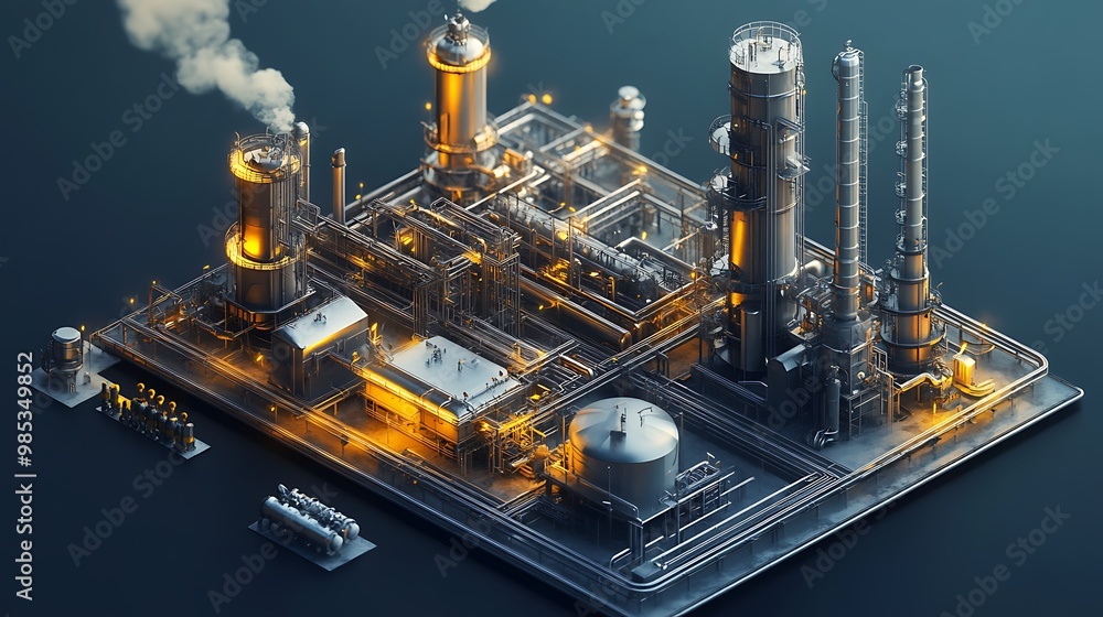 Industrial Complex with Glowing Pipes and Towers Industrial Complex with Glowing Pipes and Towers