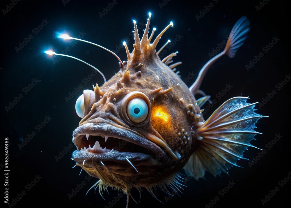 Deep-sea anglerfish glows brightly, its long, fleshy appendage on its head attracting prey like a lure in the Deep-sea anglerfish glows brightly, its long, fleshy appendage on its head attracting prey like a lure in the