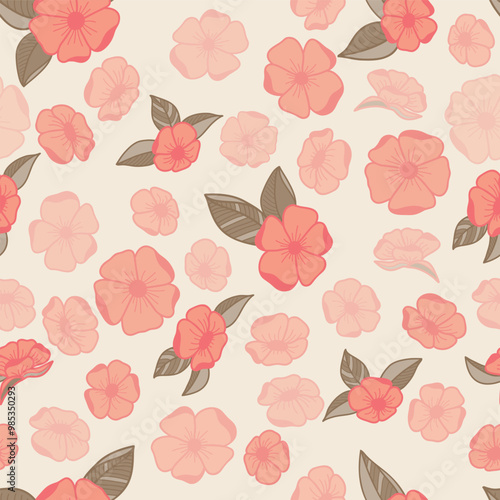 Wild Roses in Peach Color Hues Scattered on a Creme Background creating a seamless pattern print background
