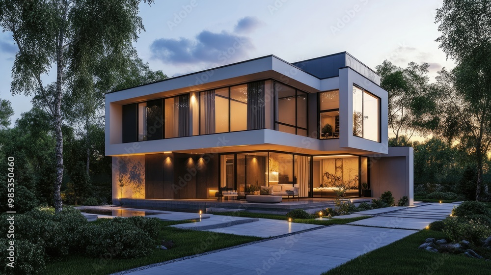 A modern house with sleek lines, softly lit in the evening, rendered with a realistic outdoor background of trees and sunset sky A modern house with sleek lines, softly lit in the evening, rendered with a realistic outdoor background of trees and sunset sky