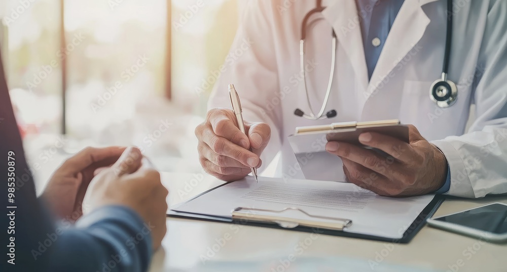 Doctor writing notes on a clipboard while speaking with a patient. Doctor writing notes on a clipboard while speaking with a patient.