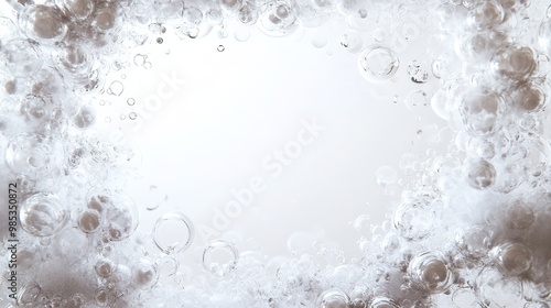 Abstract design with white bubbles surrounding a blank center on a minimalist background. Circular bubbles in different sizes create a soft, ethereal effect,