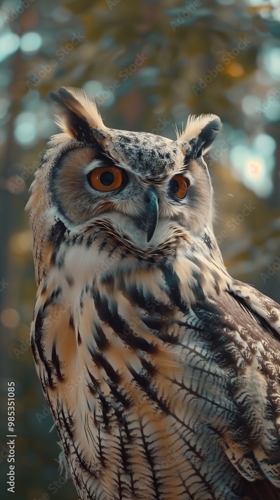 Owl bird on tree closeup portrait with blurred background green forest Owl bird on tree closeup portrait with blurred background green forest