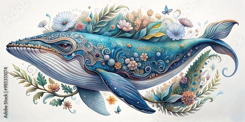 Delicate drawings of majestic whales in various aquatic environments, intricate and rendered in a range of mediums, photo