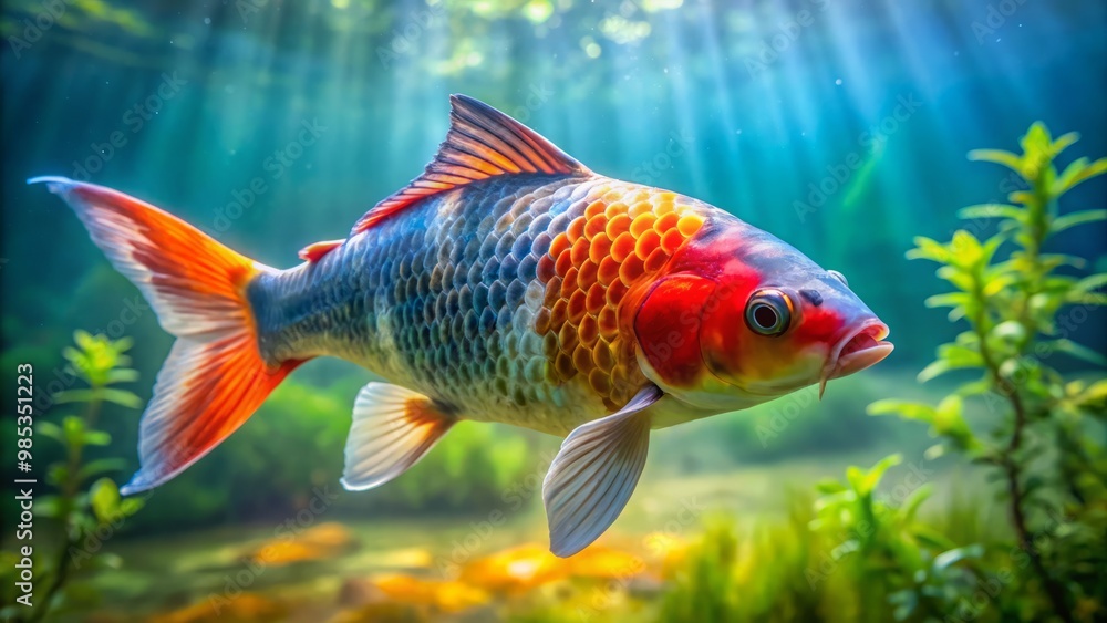 Delicate fins flutter, a tapestry of orange, blue, and green hues, as the carp fish glides effortlessly through Delicate fins flutter, a tapestry of orange, blue, and green hues, as the carp fish glides effortlessly through