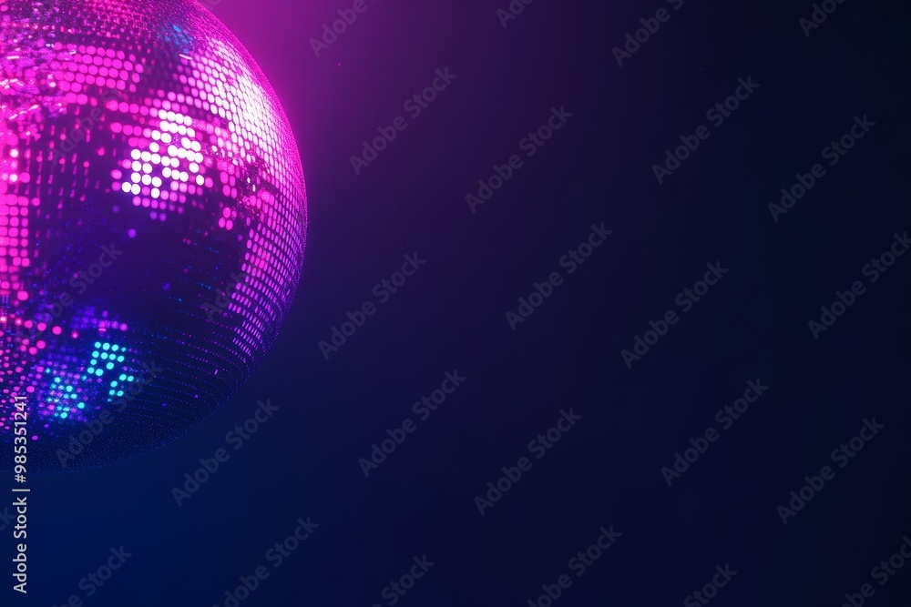 Obraz premium A close-up of a disco ball with pink and blue lights in a dark room.