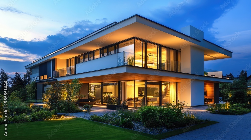 Elegant modern house glowing softly in the evening light, with sleek design and a realistic background of twilight skies and greenery Elegant modern house glowing softly in the evening light, with sleek design and a realistic background of twilight skies and greenery