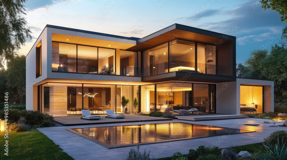 Elegant modern house in the evening, softly lit with warm lights, showcasing sleek lines and glass windows, set against a realistic evening backdrop Elegant modern house in the evening, softly lit with warm lights, showcasing sleek lines and glass windows, set against a realistic evening backdrop