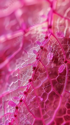 Focused closeup macro on stomata leaf pink chlorophyll and vein organic nature background photo