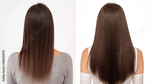 Woman with damaged, matted, tangled brown hair on hair treatment. Before, after photos transformation. Hair looks healthy, shiny, smooth after therapy. Clinic salon setting, white background. photo