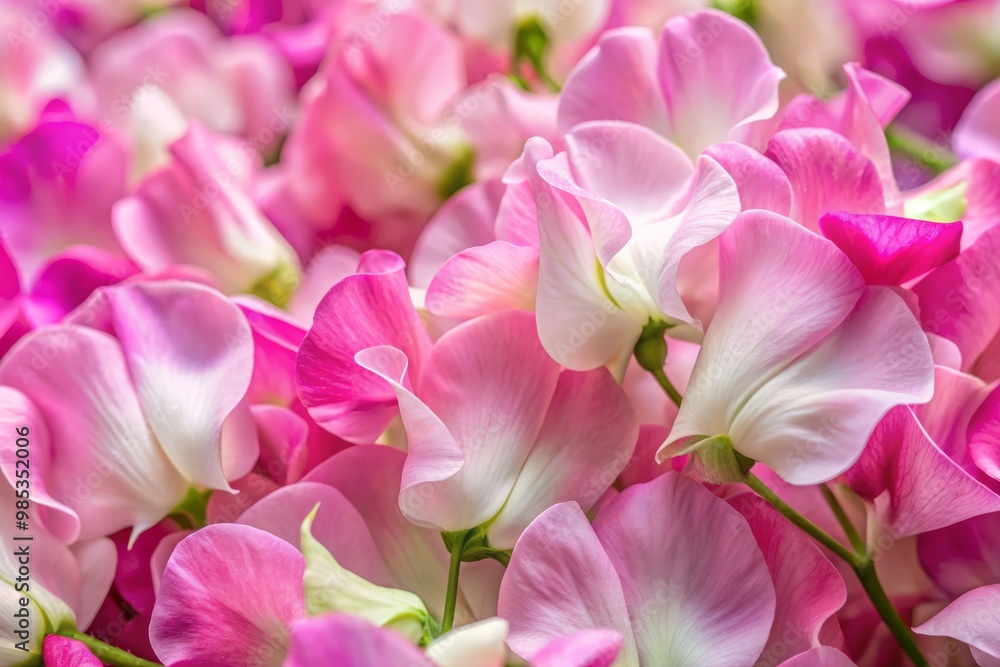 Delicate pink and white sweet pea petals unfurl in close-up, softly blurred background accentuating velvety texture and Delicate pink and white sweet pea petals unfurl in close-up, softly blurred background accentuating velvety texture and