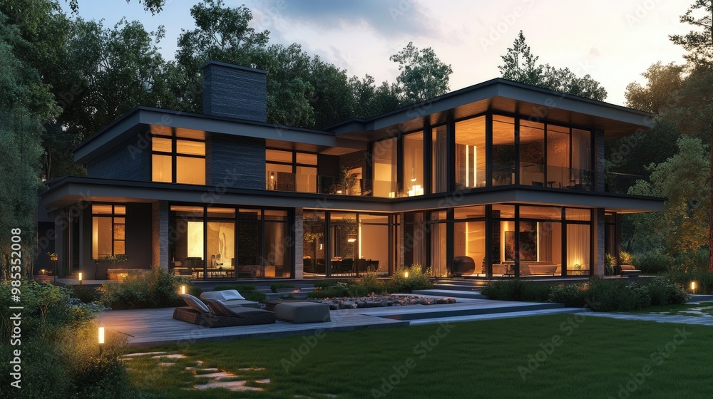 Evening rendering of a beautiful modern house, with warm lights glowing through large windows, set against a realistic twilight background Evening rendering of a beautiful modern house, with warm lights glowing through large windows, set against a realistic twilight background