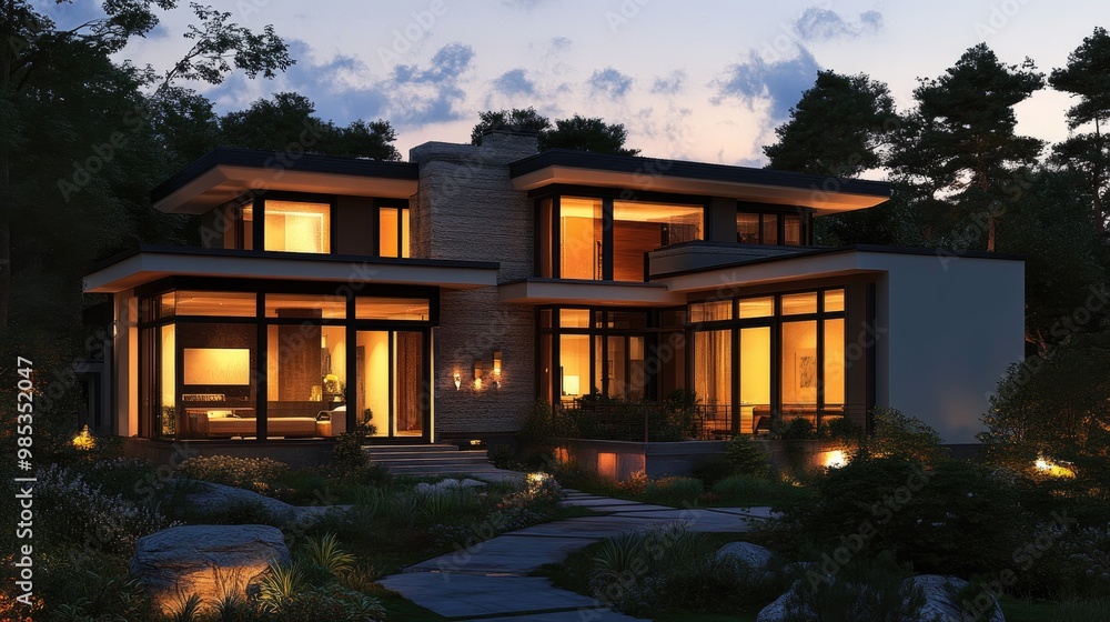 Evening rendering of a beautiful modern house, with warm lights glowing through large windows, set against a realistic twilight background Evening rendering of a beautiful modern house, with warm lights glowing through large windows, set against a realistic twilight background