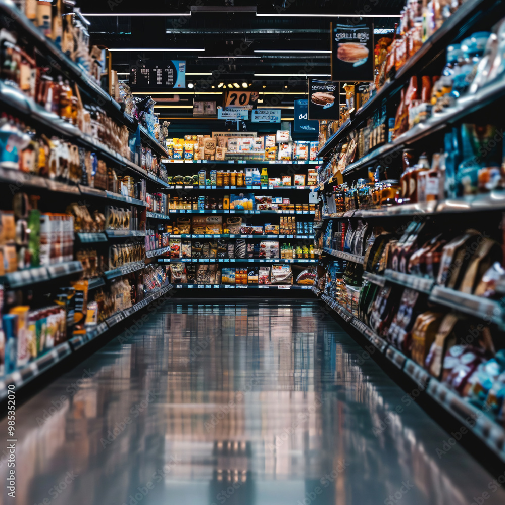 Retail store aisle of neatly arranged products Retail store aisle of neatly arranged products