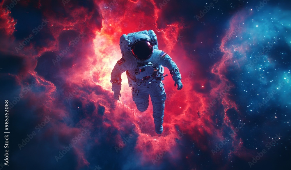 An astronaut floats in space amidst a nebula of red and blue hues, a spectacle of celestial wonder. An astronaut floats in space amidst a nebula of red and blue hues, a spectacle of celestial wonder.