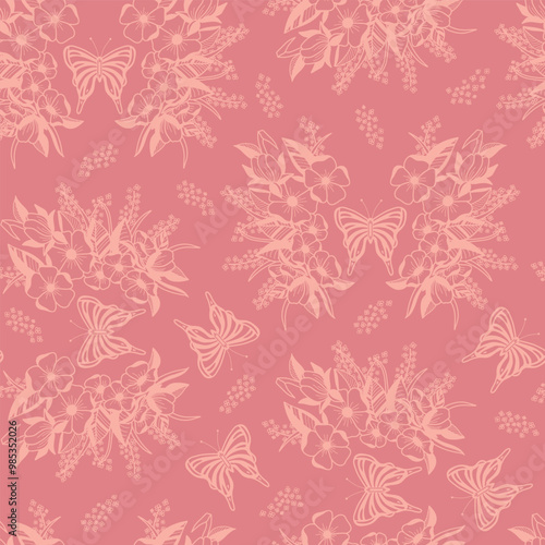 Butterflies and Wild Roses Bouquets in Peach Line Art Scattered on a Dark Peach Background creating a seamless pattern print background