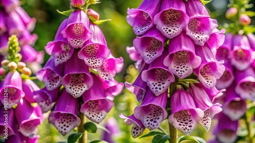 Delicate purple petals and spotted throats adorn vibrant foxglove flowers amidst a sea of emerald green foliage in photo