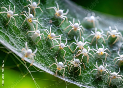 Delicate silken web glistens with tiny white spiders crawling slowly, each leg flexing as they weave and repair photo