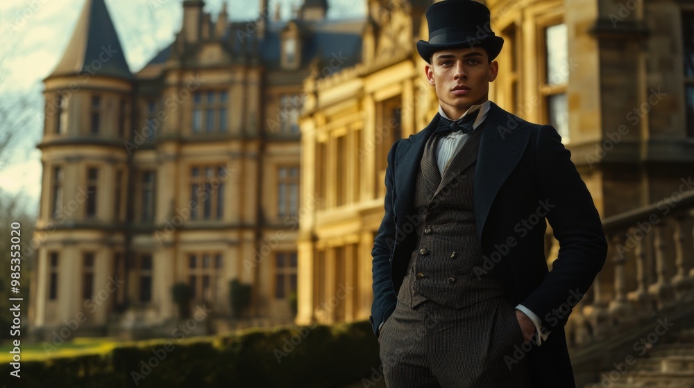 A Victorian gentleman in a tailored three-piece suit, standing in front of a grand English manor, A Victorian gentleman in a tailored three-piece suit, standing in front of a grand English manor,