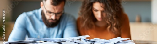 Stressed couple overwhelmed by paperwork, focusing intently on organizing financial documents at home, showcasing life's challenges. photo