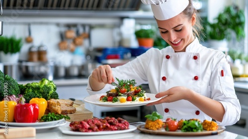 A smiling chef garnishing a colorful dish in a modern kitchen, showcasing culinary skills with fresh ingredients.