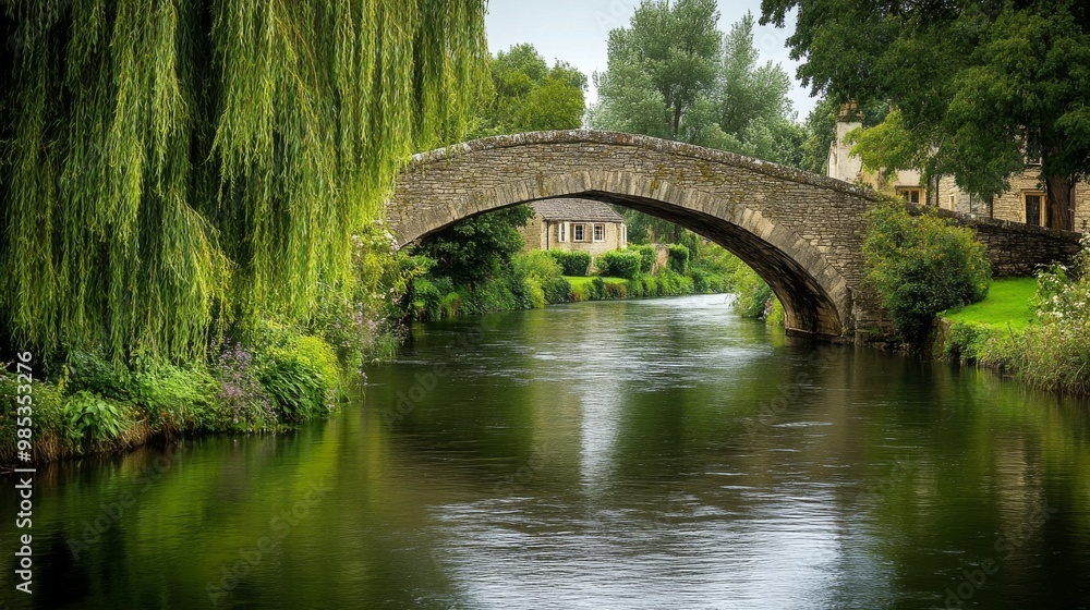 An ancient stone bridge crossing a tranquil river in a charming English village, with weeping willows on the banks,