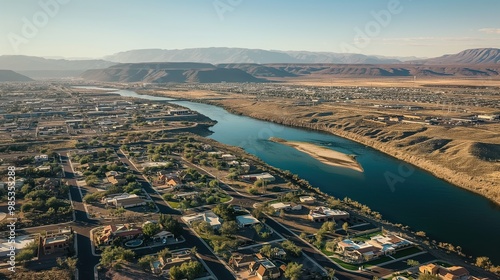 Aerial view of Bullhead City with Colorado River flowing in background. Houses, residential areas, and trees surround the city. Scenic views of Arizona landscape.