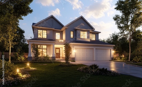 Modern two-story house with a garage and a well-lit front yard in the evening.